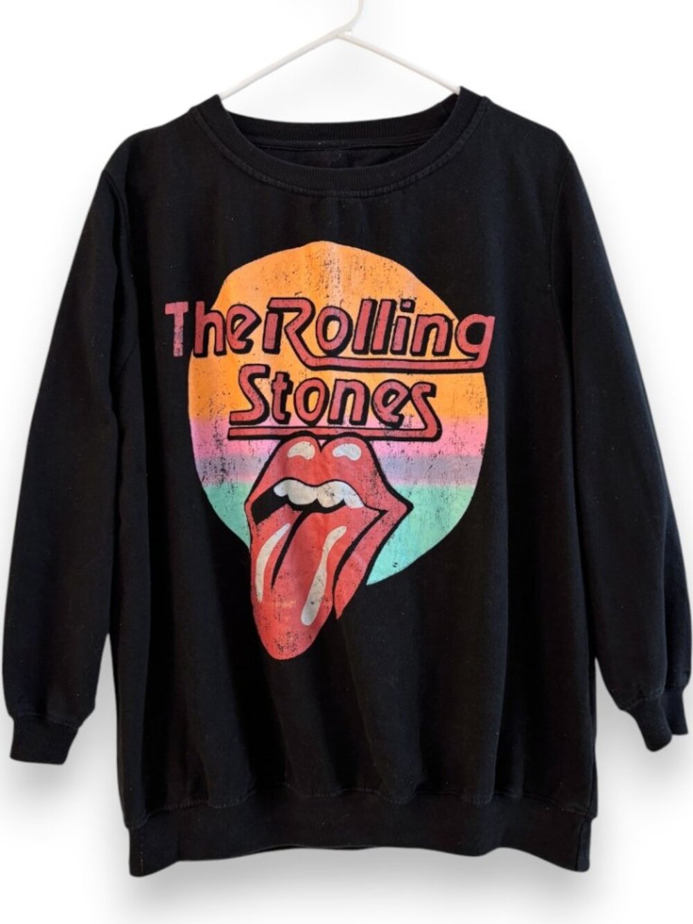The Rolling Stones Black Graphic Crewneck Sweatshirt Colorful Rock Band Retro